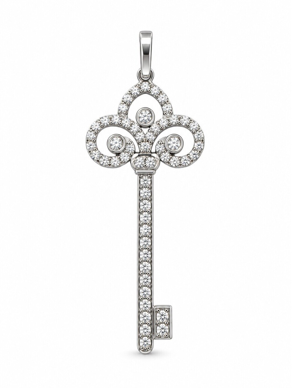 18K White Gold Diamond Clover Key Pendant with Chain